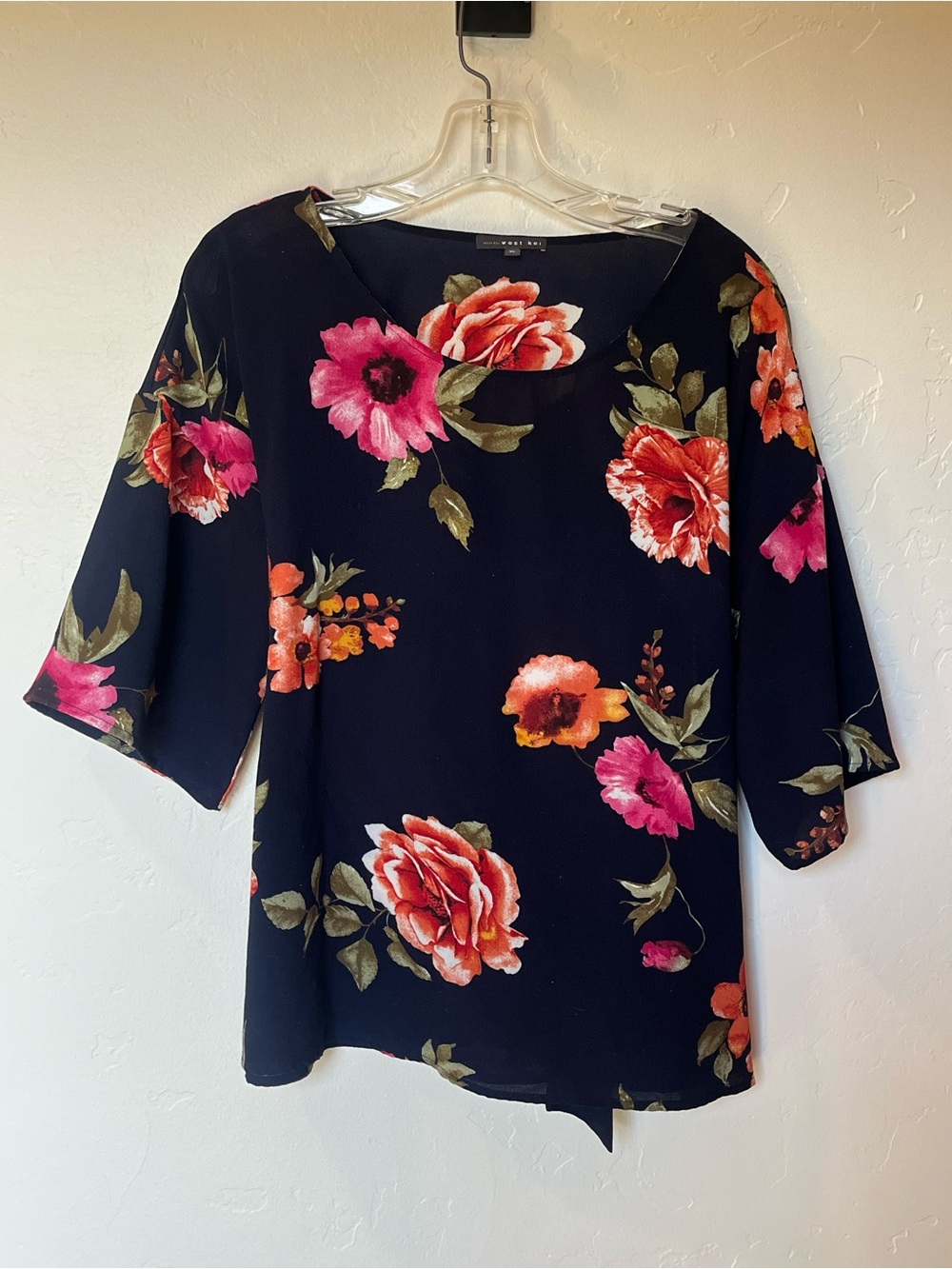 West Kei Black Floral Blouse with Pink & Coral Blooms